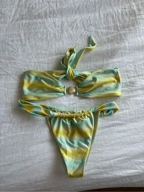 Tie-Front Seashell Detail Bikini in Aqua & Yellow